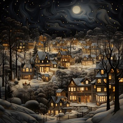 雪に覆われた木々の下の夜の村 4 作： Kurt Heppke