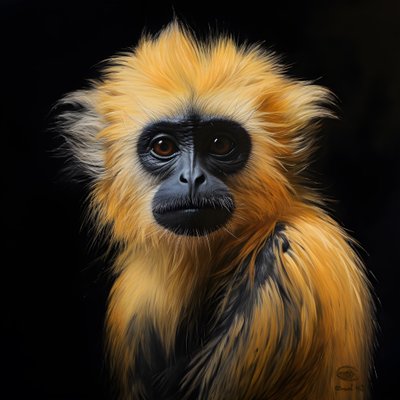 黒い背景のゴールデンラングールの顔の絵 3 作： Kurt Heppke