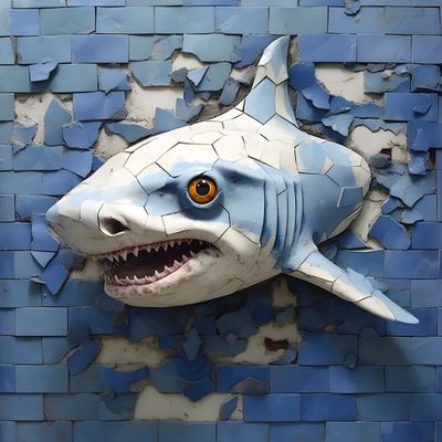 古い壁に描かれた顔の青いサメ 2 作： Kurt Heppke