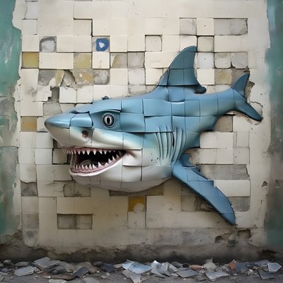 古い壁に描かれた青いサメの顔 3 作： Kurt Heppke