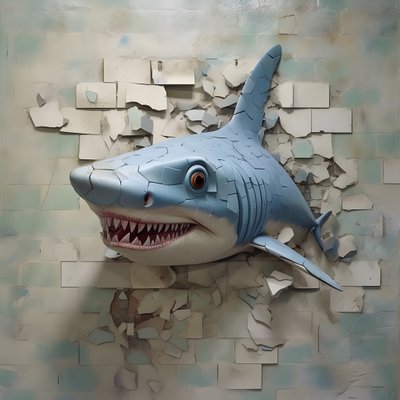 古い壁に描かれた顔の青いサメ 4 作： Kurt Heppke