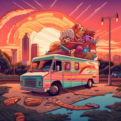 北カリフォルニアのスケート・パークで行われたフードトラックのアーティスティックなイベント・ポスター。 作： Kurt Heppke
