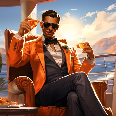 着飾った金持ちが、プライベート・クルーズ船に座ってカクテルを飲んでいる。 作： Kurt Heppke