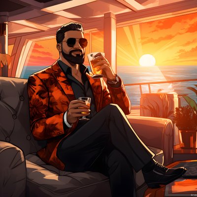 着飾った金持ちが、プライベート・クルーズ船に座ってカクテルを飲んでいる。 作： Kurt Heppke