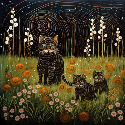 家の前の背の高い緑の草の中で、猫がチューをしている。 作： Kurt Heppke