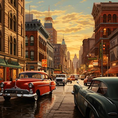 赤い車が走る50年代の街 4 作： Kurt Heppke