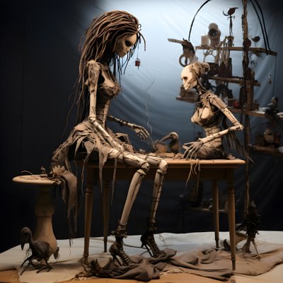 テーブルの上に置かれた大きな人形とその上に置かれた骸骨 1 作： Kurt Heppke