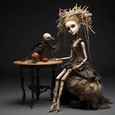テーブルの上に置かれた大きな人形とその上に置かれた骸骨 2 作： Kurt Heppke
