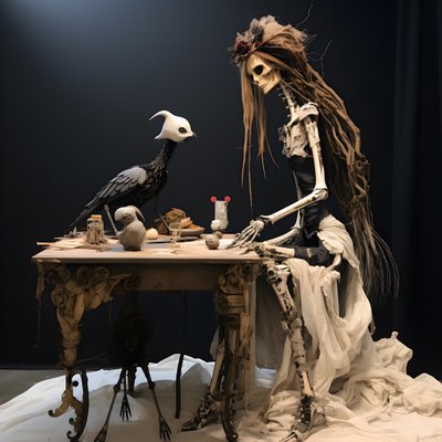 テーブルの上に骸骨が置かれた大きな人形 3 作： Kurt Heppke