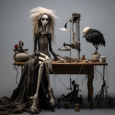テーブルの上に置かれた大きな人形とその上に置かれた骸骨 4 作： Kurt Heppke