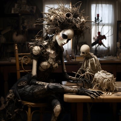テーブルの上に大きな人形、その上に骸骨 1 作： Kurt Heppke