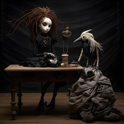 テーブルの上に置かれた大きな人形とその上に置かれた骸骨 2 作： Kurt Heppke