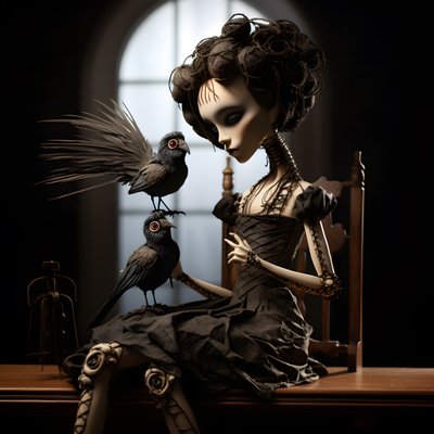 テーブルの上に置かれた大きな人形とその上に置かれた骸骨 4 作： Kurt Heppke