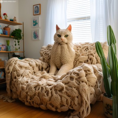 リアルなリビングルームに巨大なかぎ針編みの猫 3 作： Kurt Heppke