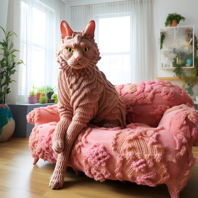 リアルなリビングルームに巨大なかぎ針編みの猫 4 作： Kurt Heppke
