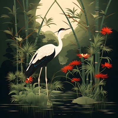 美しい日本の鶴と竹のイラスト 1 作： Kurt Heppke