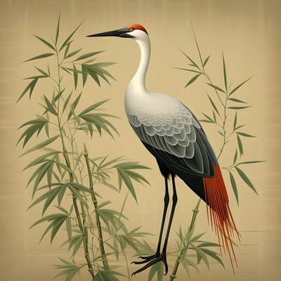 美しい日本の鶴と竹のイラスト 2 作： Kurt Heppke