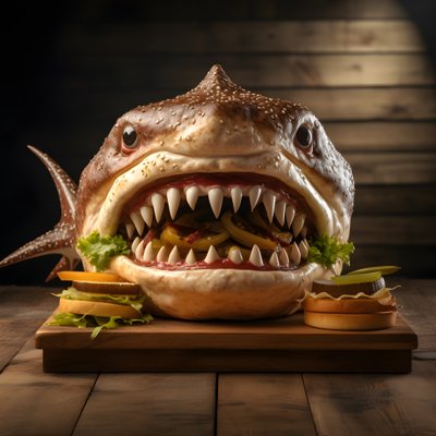 ラージ・シャークヘッド・チーズバーガー、ビーフ、木製ボード 2 作： Kurt Heppke