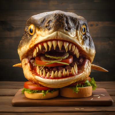 大きなサメの頭のチーズバーガー、牛肉入り、木製ボード 4 作： Kurt Heppke