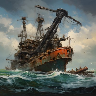 クレーンで海から引き上げられる大きな難破船 1 作： Kurt Heppke