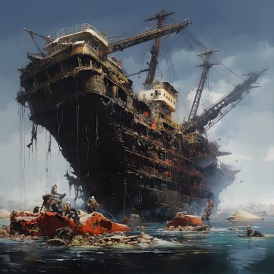 クレーンで海から引き上げられる大きな難破船 3 作： Kurt Heppke