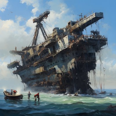 クレーンで海から引き上げられる大きな難破船 4 作： Kurt Heppke