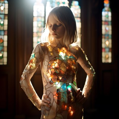 14歳の金髪美少女が、ティファニーのカラフルなステンドグラスのドレスを着用 3 作： Kurt Heppke