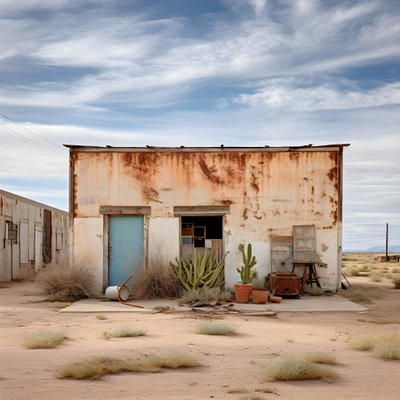 色あせたペンキと板張りの窓がある、風化した古い倉庫の超リアルな写真イメージ。 作： Kurt Heppke