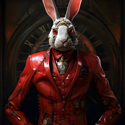 赤いフロックコートを着た、擬人化されたサイバネティック・クロックパンクのアンドロイド・バニー（男性） 2 作： Kurt Heppke