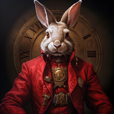 赤いフロックコートを着た、擬人化されたサイバネティック・クロックパンク・アンドロイド・バニー（男性） 3 作： Kurt Heppke