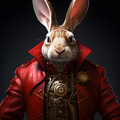 赤いフロックコートを着た、擬人化されたサイバネティック・クロックパンク・アンドロイドの男性バニー 4 作： Kurt Heppke
