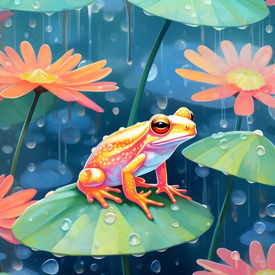 水彩画1からの雨の上のユリの葉の上に座っているかわいいオレンジと黄色の漫画のカエルの絵のシームレスパターン。 作： Kurt Heppke