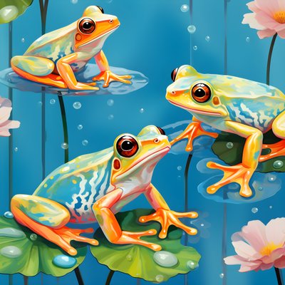 水彩画2からの雨の上のユリの葉の上に座っているかわいいオレンジと黄色の漫画のカエルの絵のシームレスパターン。 作： Kurt Heppke