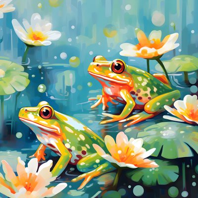 水彩画3から、ユリの葉の上に座っているオレンジと黄色のかわいい漫画のカエルの絵のシームレスパターン。 作： Kurt Heppke