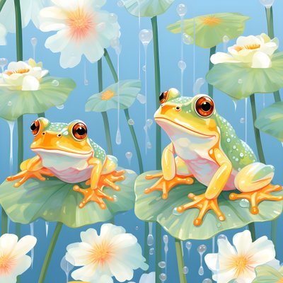 水彩画4から雨に浮かぶユリの葉の上に座っているオレンジと黄色の可愛い漫画のカエルの絵のシームレスパターン。 作： Kurt Heppke