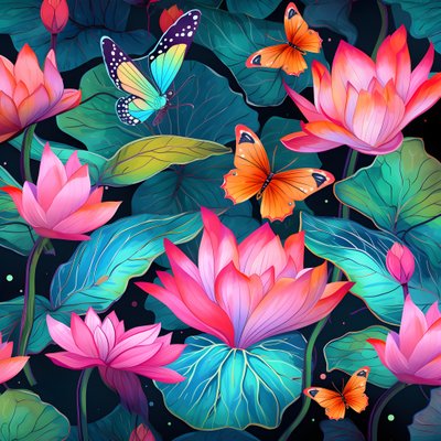 蓮の花と蝶のシームレスパターン 2 作： Kurt Heppke