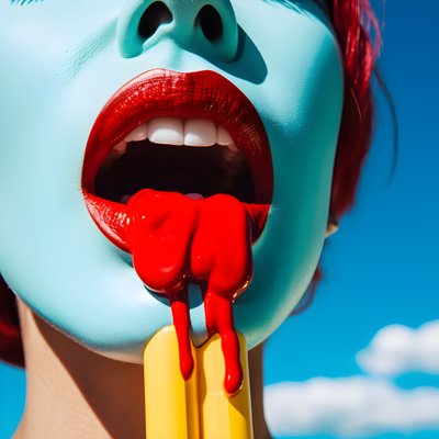 女性の口の横で溶けるカラフルなアイスキャンディーに超接近 3 作： Kurt Heppke