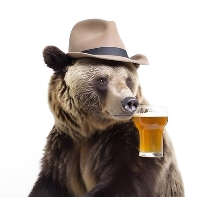 白地にビールジョッキを持った帽子をかぶった熊の横顔。 作： Kurt Heppke
