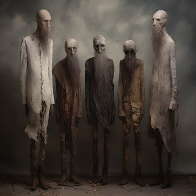 並んで立つ4人の男の土偶 3 作： Kurt Heppke