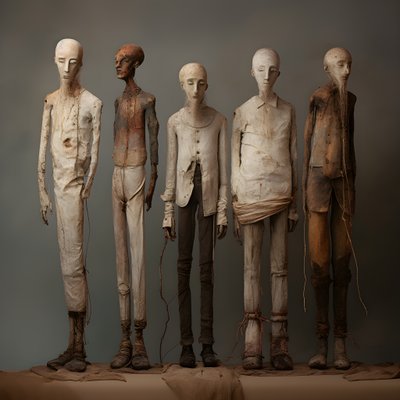 並んで立つ4人の男の土偶 4 作： Kurt Heppke