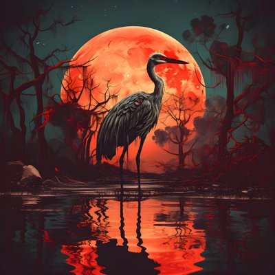 満月の夕暮れに佇む水と大きな鳥 1 作： Kurt Heppke