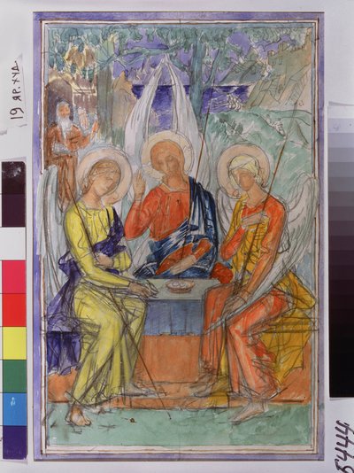 聖三位一体。 シェネ ド マンブルの近くでアブラハムに現れた 3 人の天使の表現。 Kuzma Sergeyevich Petrov Vodkin (Petrov-Vodkin) (Kouzma Petrov Vodkin) (Petrov-Vodkin) (1878-1939) の作品、紙に水彩 作： Kuzma Sergeevich Petrov Vodkin