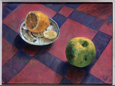 アップルとレモン。 （リンゴとレモン）。 Kuzma Sergeevich Petrov Vodkin (Petrov-Vodkin) (Kouzma Petrov Vodkin) (Petrov-Vodkin) (1878-1939)、キャンバスに油彩による絵画 作： Kuzma Sergeevich Petrov Vodkin