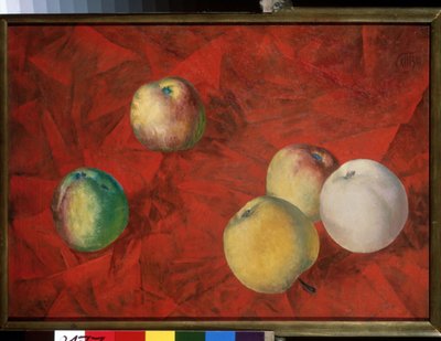 赤の背景にリンゴ。 (赤の背景にりんご)。 Kuzma Sergeyevich Petrov Vodkin (Petrov-Vodkin) (Kouzma Petrov Vodkin) (Petrov-Vodkin) (1878-1939)、キャンバスに油彩による絵画 作： Kuzma Sergeevich Petrov Vodkin