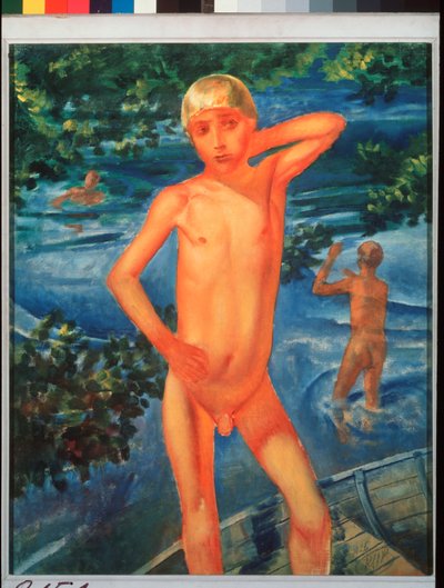 男の子の水浴び。 Kuzma Sergeevich Petrov Vodkin (Petrov-Vodkin) (Kouzma Petrov Vodkin) (Petrov-Vodkin) (1878-1939)、キャンバスに油彩による絵画 作： Kuzma Sergeevich Petrov Vodkin