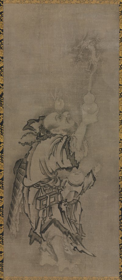 道教の仙人と一緒にいる布袋。瓢箪と龍を持つ仙人 1575-1600年頃 作： Kyūseki Tomonobu