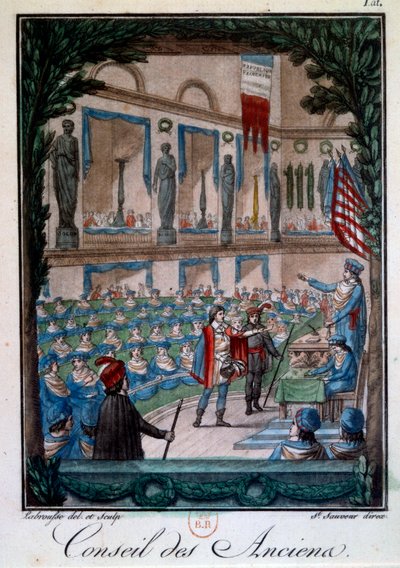 Directoire: "Le Conseil des Ancients" Engraving from "Mors et coutumes du peuple francais", engraving by Labrousse.18世紀 パリ、B.N. 作： L.F. Labrousse