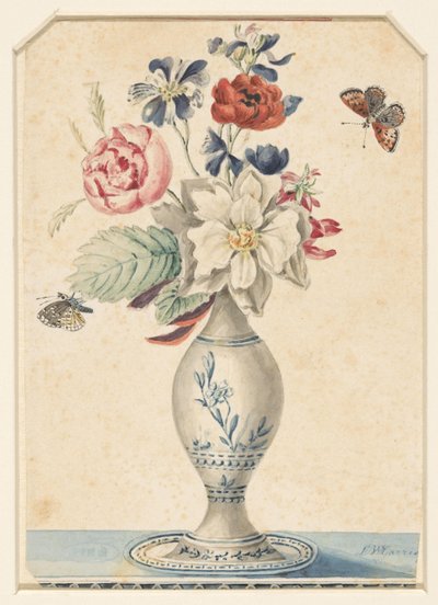 花と灰色がかった黄色の蝶の花瓶 作： L.W. Garrison
