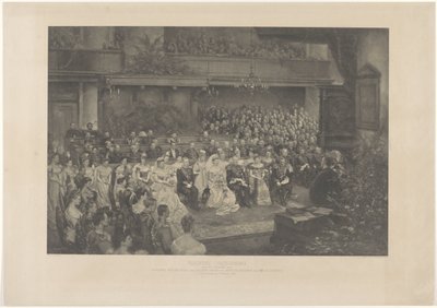 1901 年 2 月 7 日にオランダのヴィルヘルミナ女王とヘンドリック ファン メクレンブルク公爵がハーグで結婚したことを厳粛に祝福 作： L. Angerer