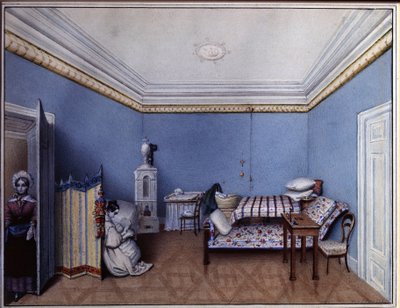「寝室で」L. ハーン作水彩画 (19 世紀) 1835 A. プーシキン記念美術館、サンクトペテルブルク 作： L. Hern